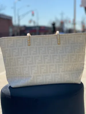 Fendi Small Roll Zucca White Coated Canvas Tote Bag