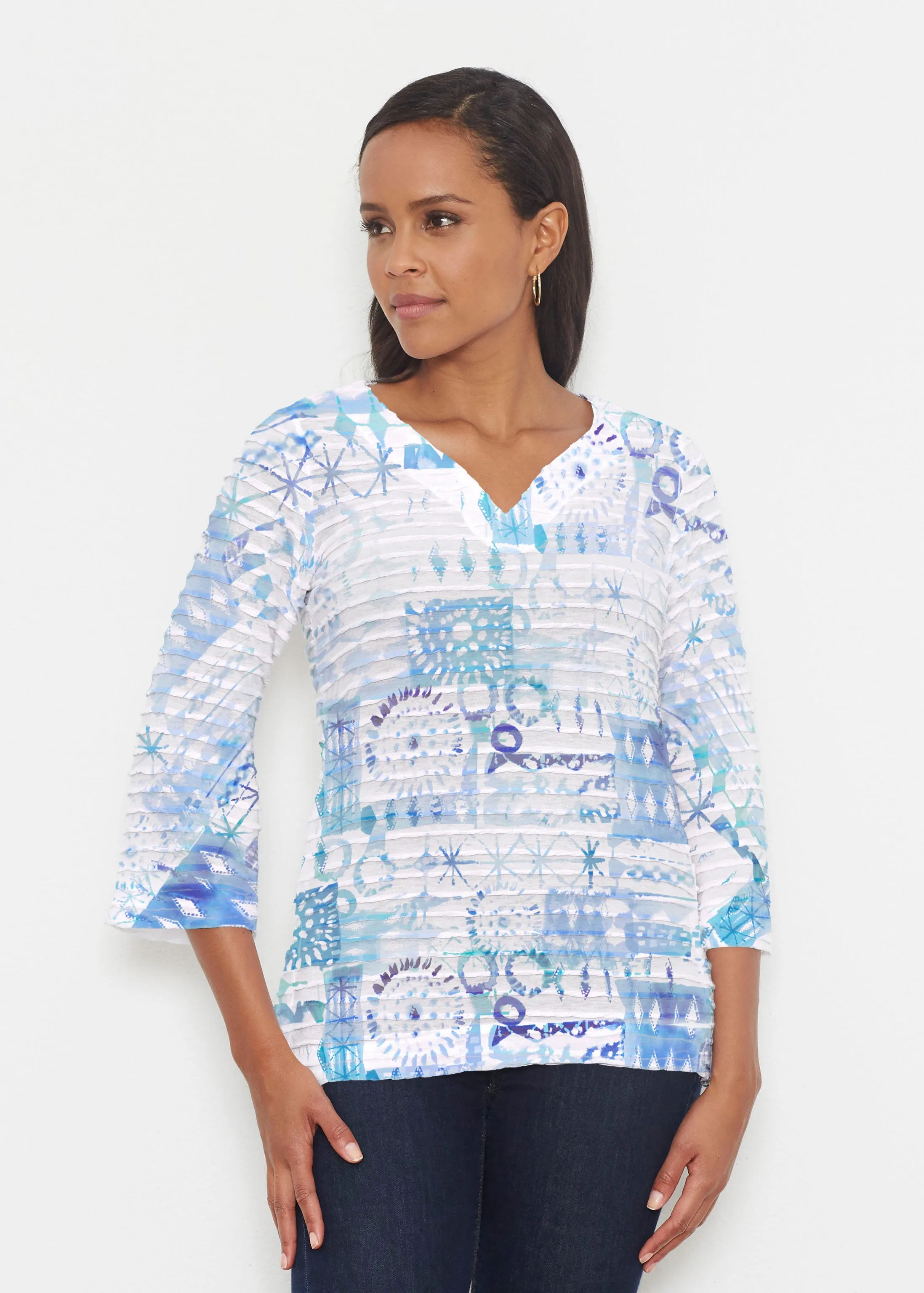 Ferris Wheel Blue (16186) ~ Banded 3/4 Bell-Sleeve V-Neck Tunic