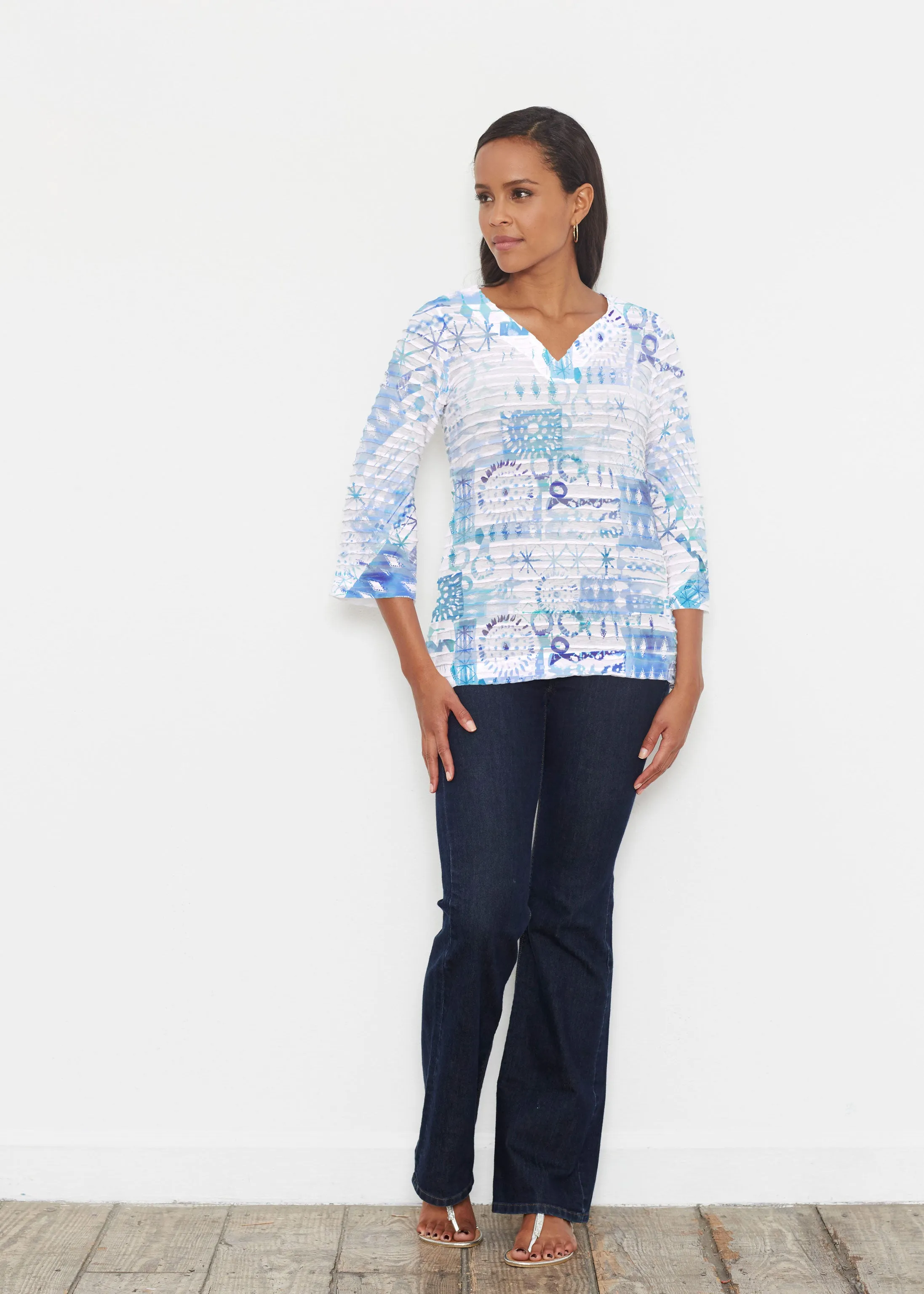 Ferris Wheel Blue (16186) ~ Banded 3/4 Bell-Sleeve V-Neck Tunic
