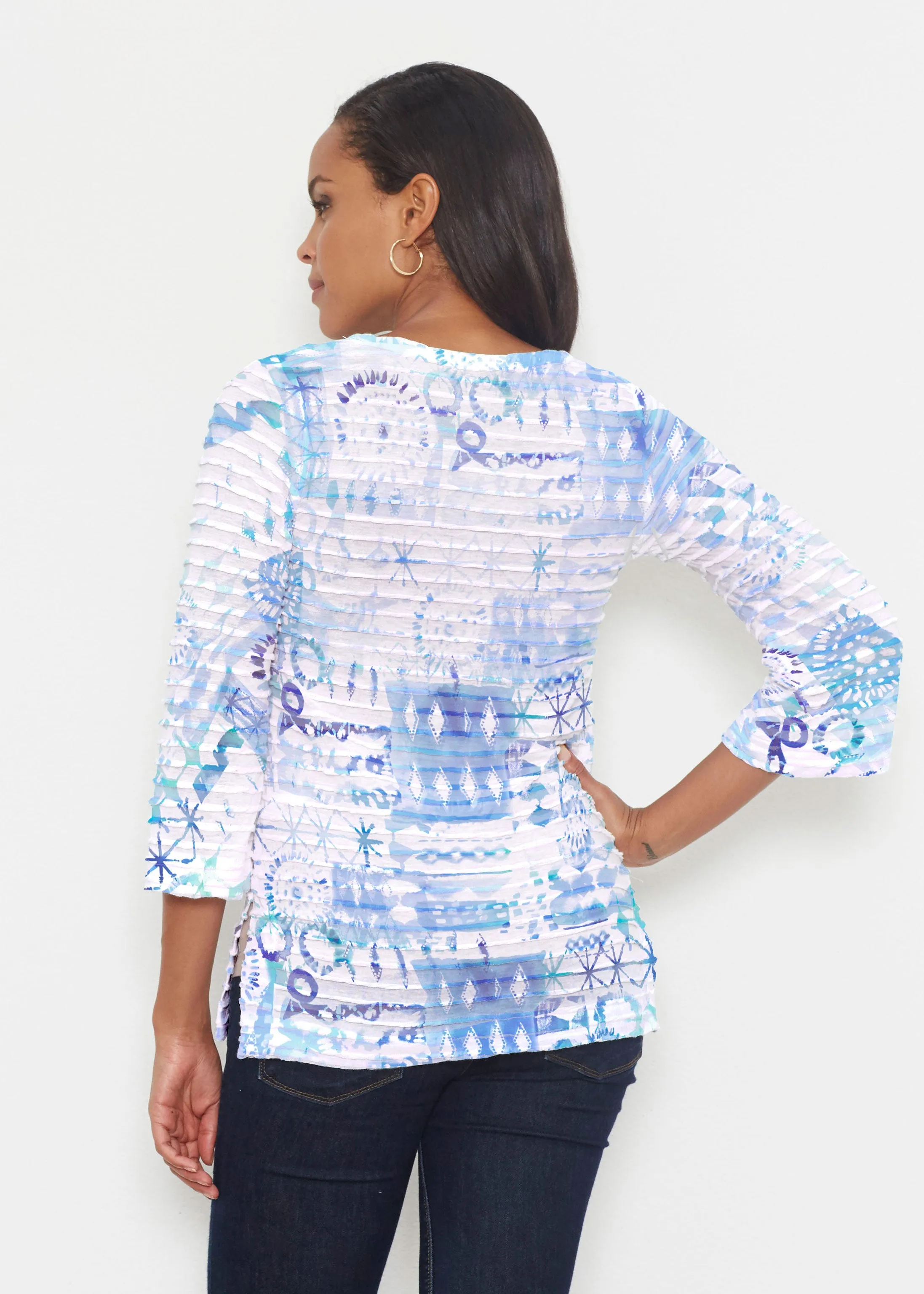 Ferris Wheel Blue (16186) ~ Banded 3/4 Bell-Sleeve V-Neck Tunic