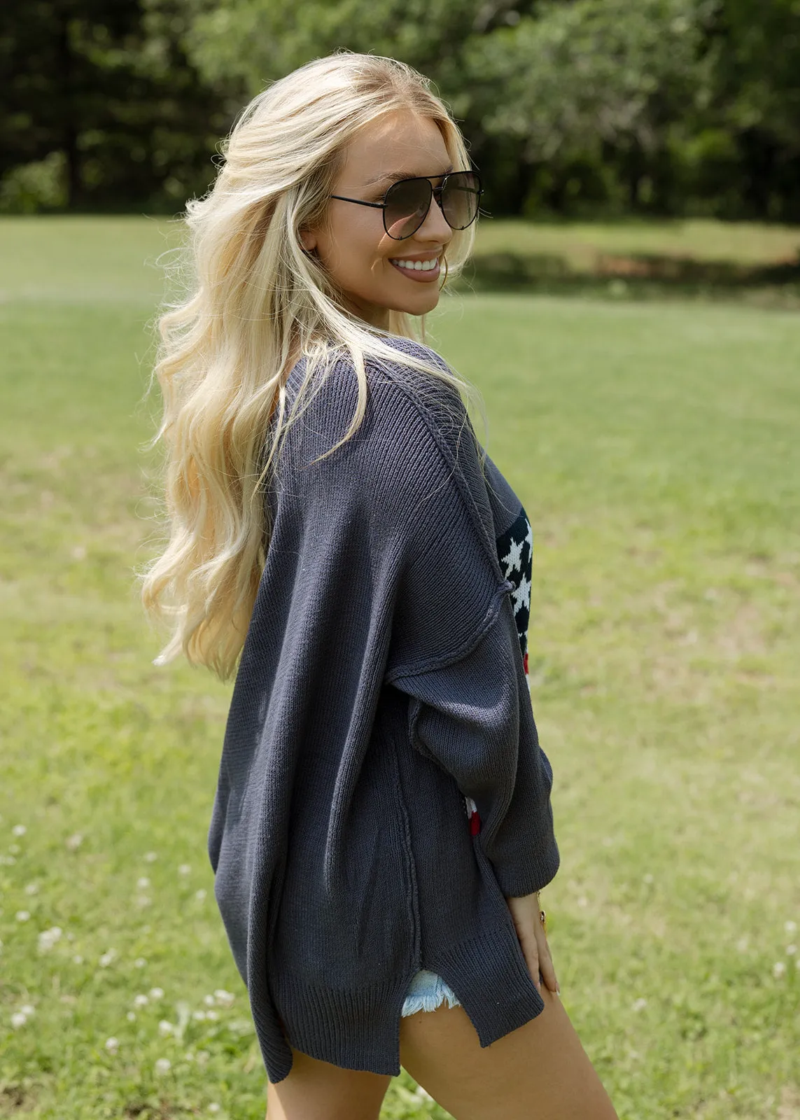 Flag Crochet Sweater Top - Navy