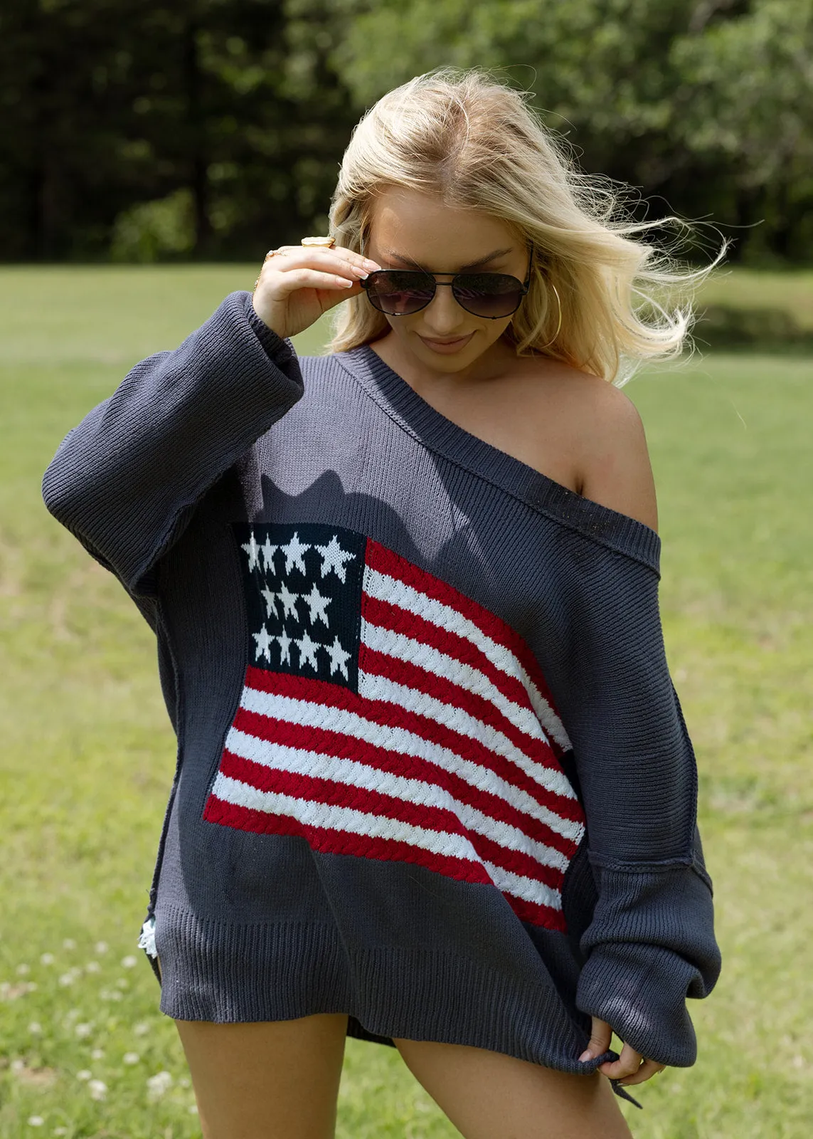 Flag Crochet Sweater Top - Navy