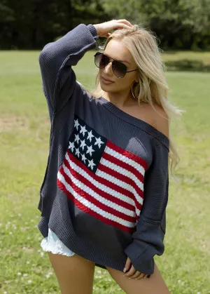 Flag Crochet Sweater Top - Navy