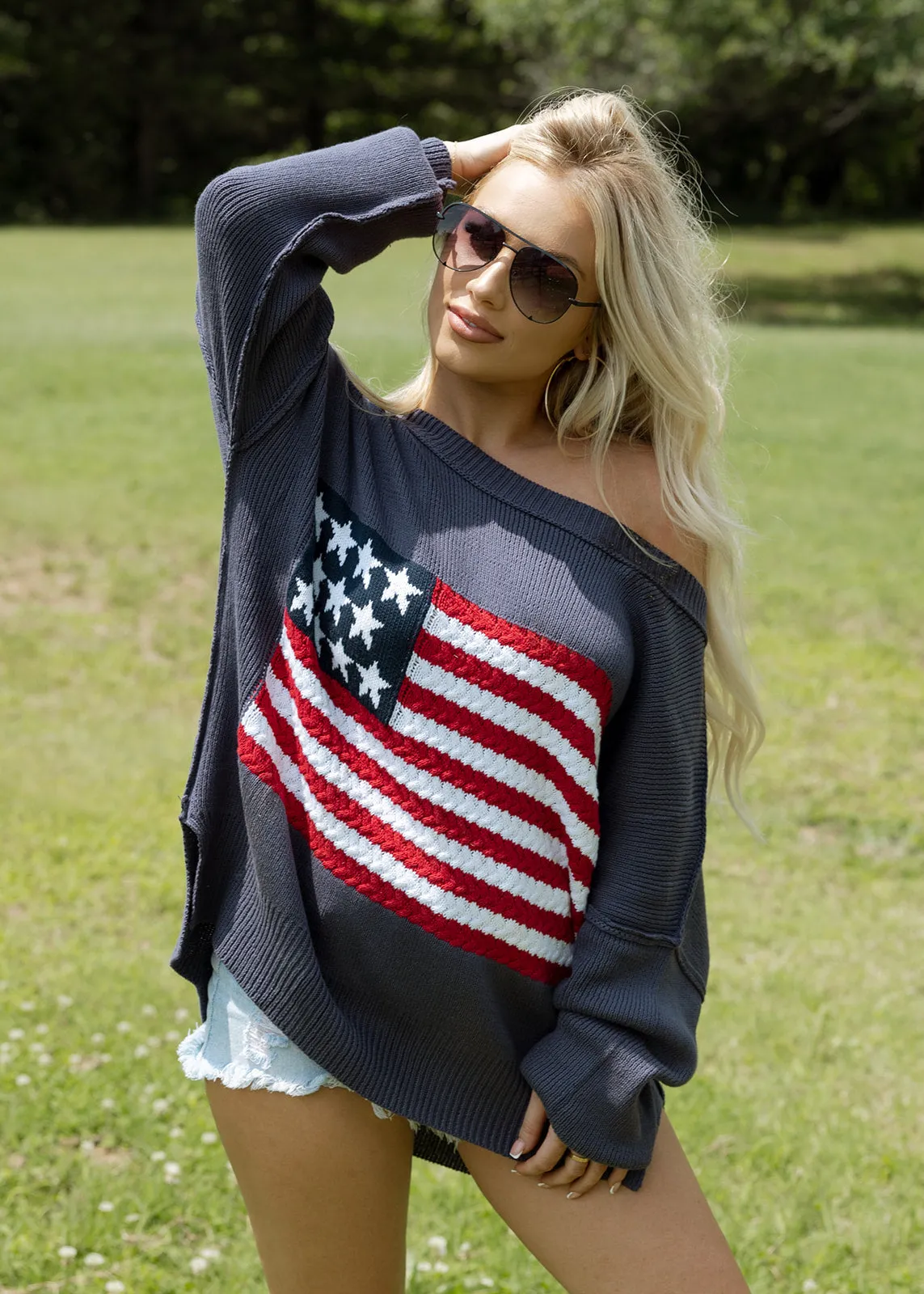 Flag Crochet Sweater Top - Navy