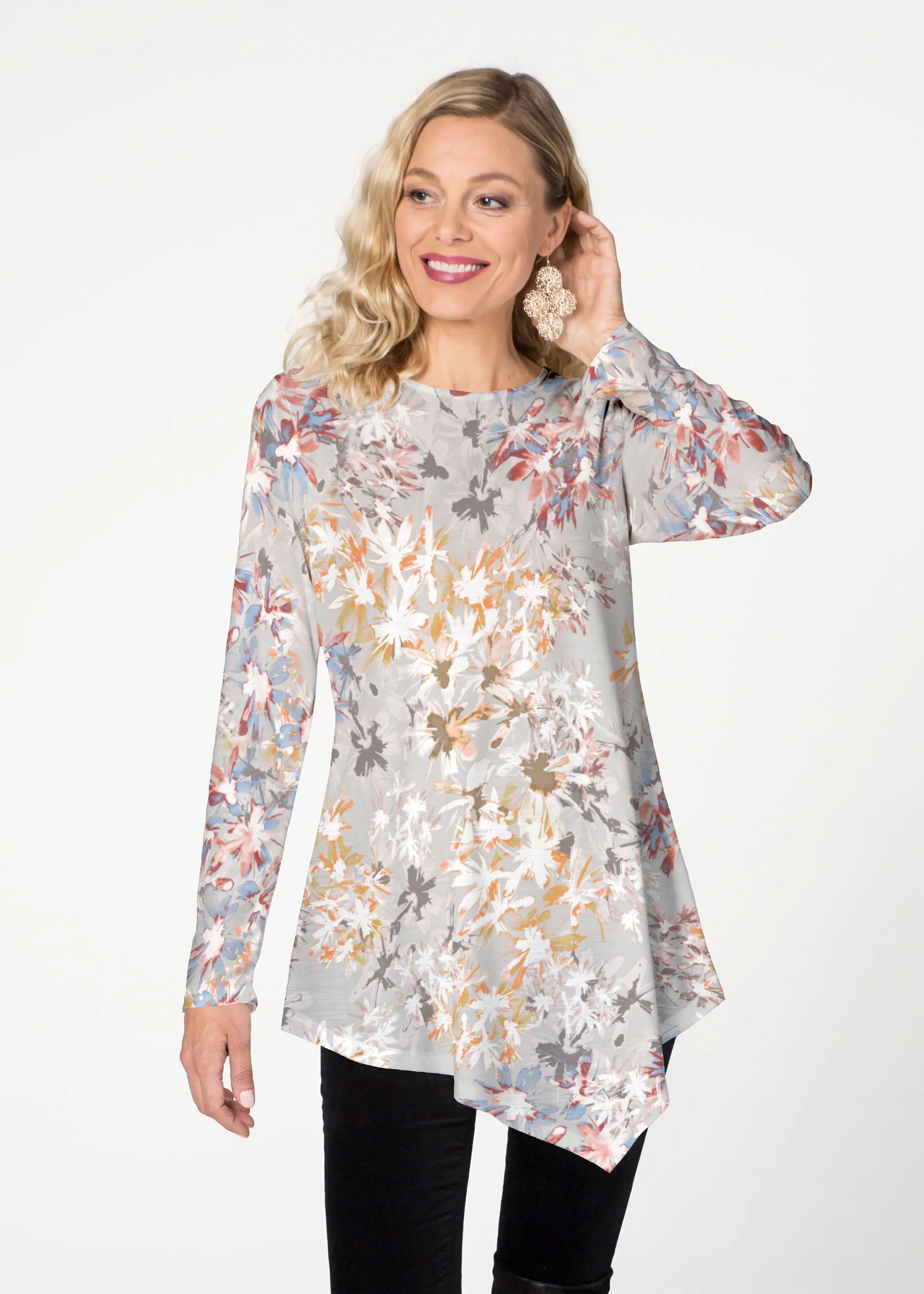 Floral Burst Beige (7674) ~ Asymmetrical French Terry Tunic