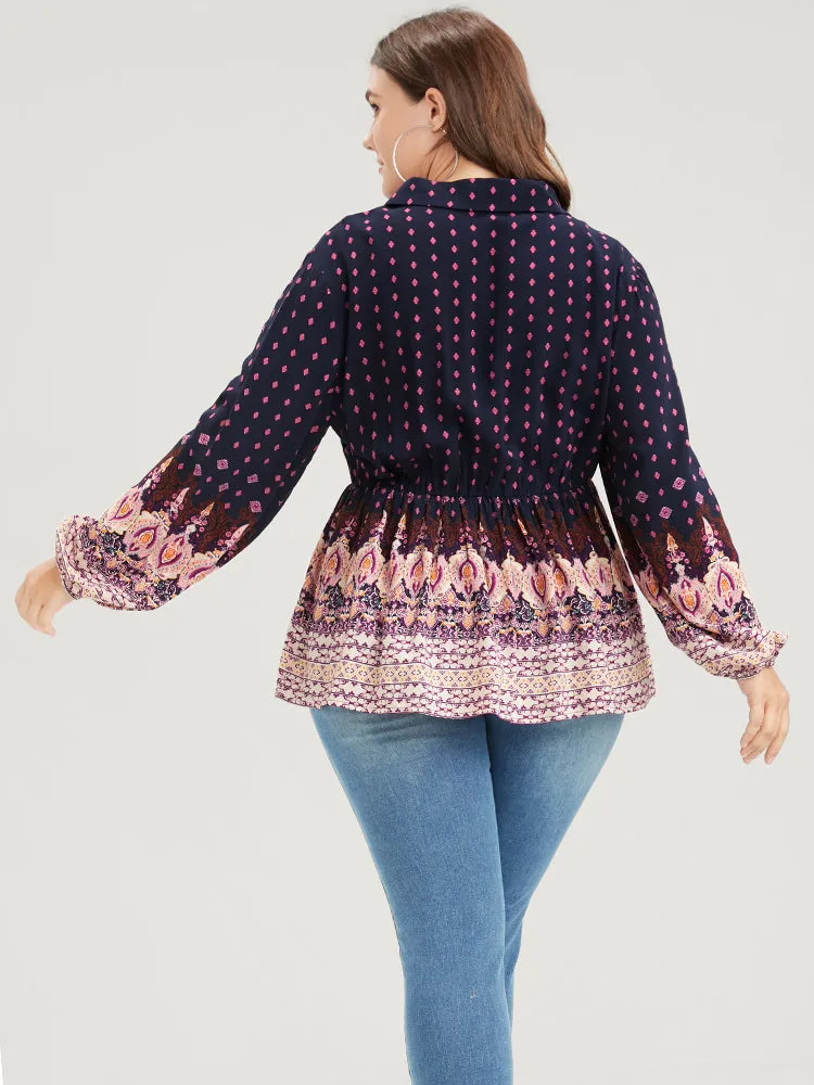 Floral Button Lantern Sleeve Elastic Waist Flutter Blouse