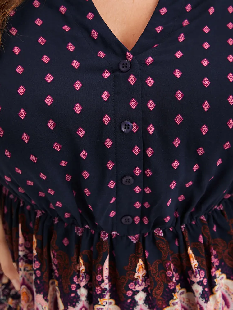 Floral Button Lantern Sleeve Elastic Waist Flutter Blouse