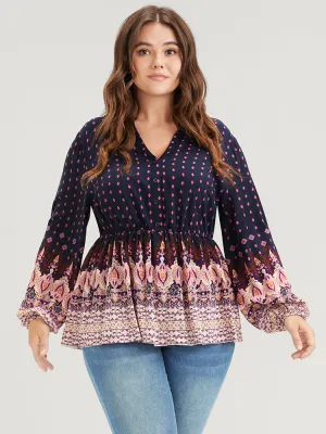 Floral Button Lantern Sleeve Elastic Waist Flutter Blouse