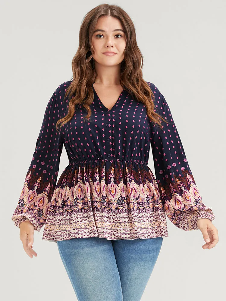Floral Button Lantern Sleeve Elastic Waist Flutter Blouse