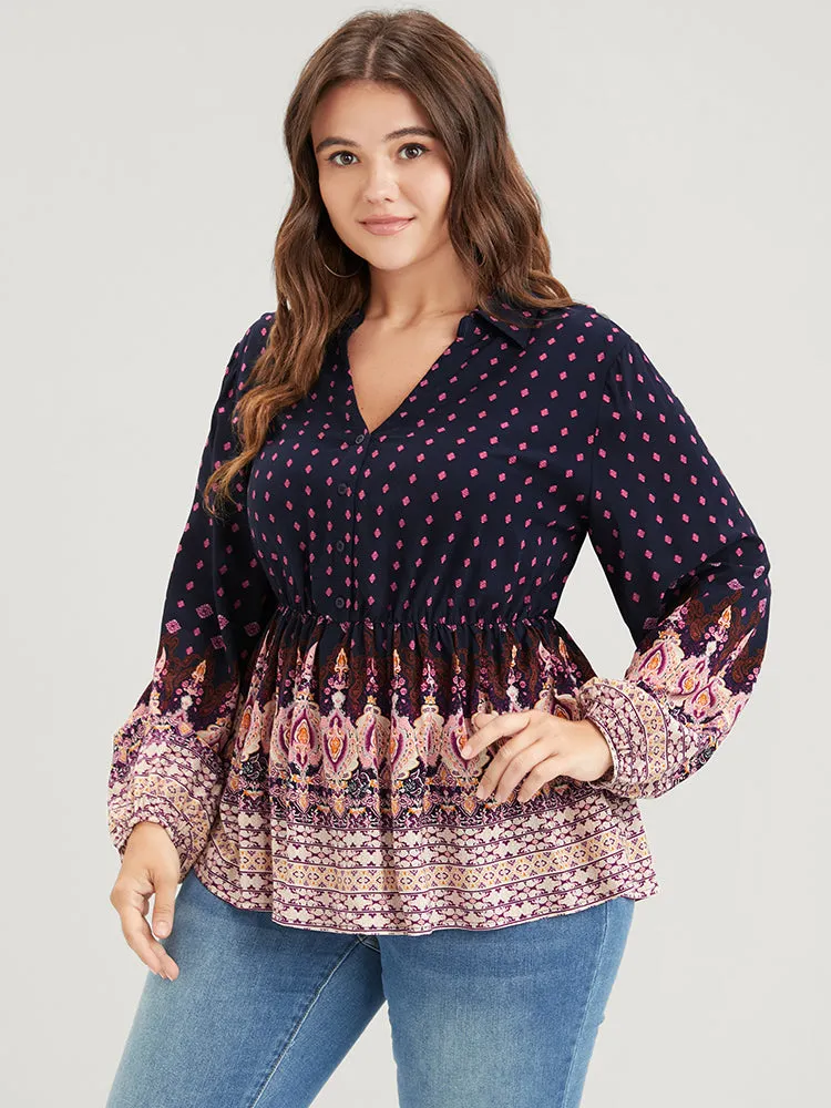 Floral Button Lantern Sleeve Elastic Waist Flutter Blouse
