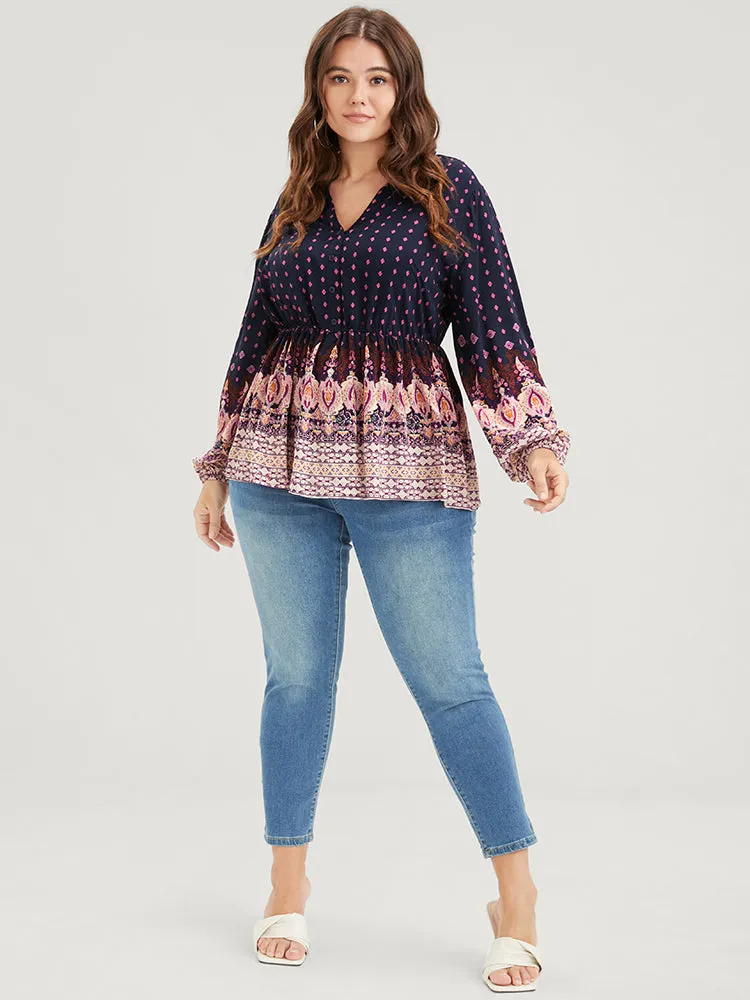 Floral Button Lantern Sleeve Elastic Waist Flutter Blouse