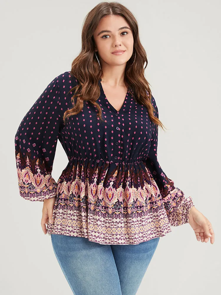 Floral Button Lantern Sleeve Elastic Waist Flutter Blouse