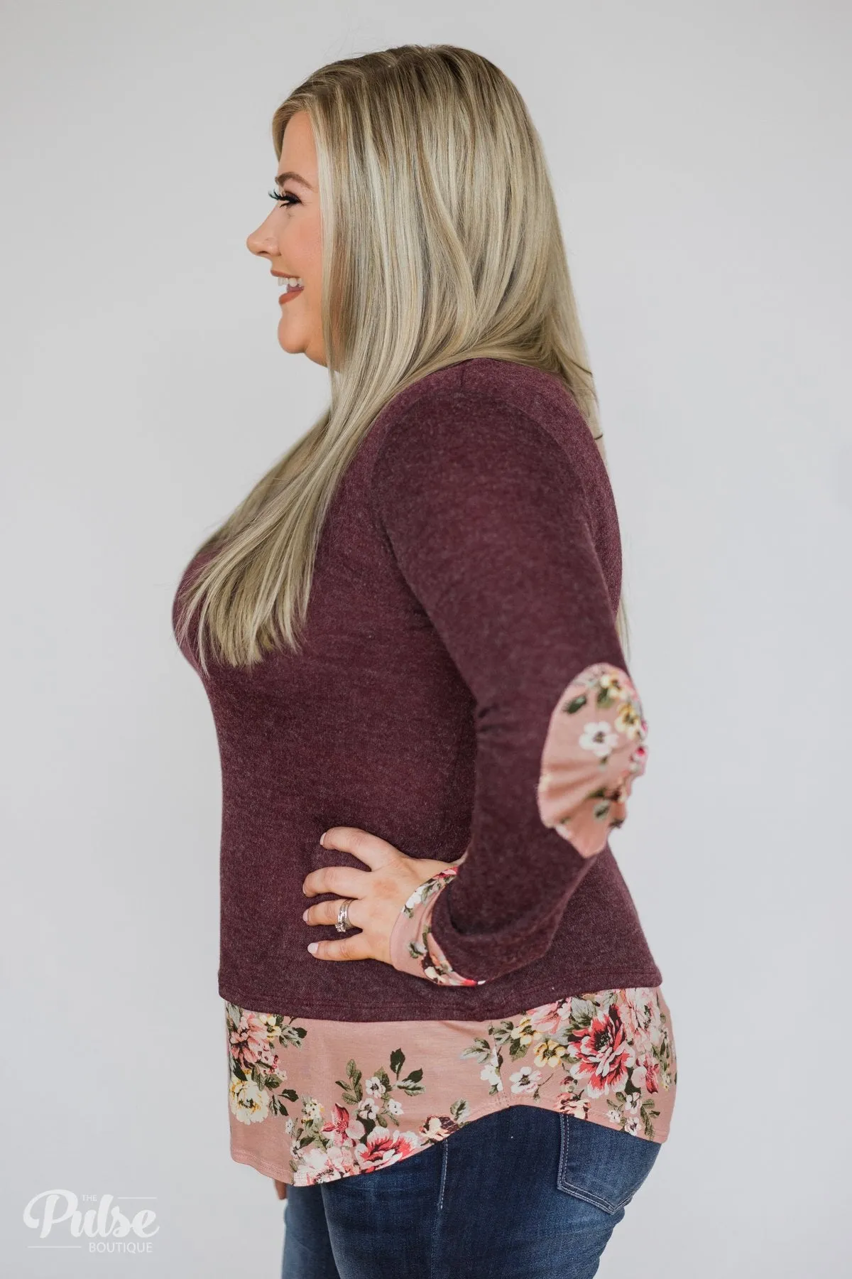 Floral Elbow Patch Top- Heathered Plum