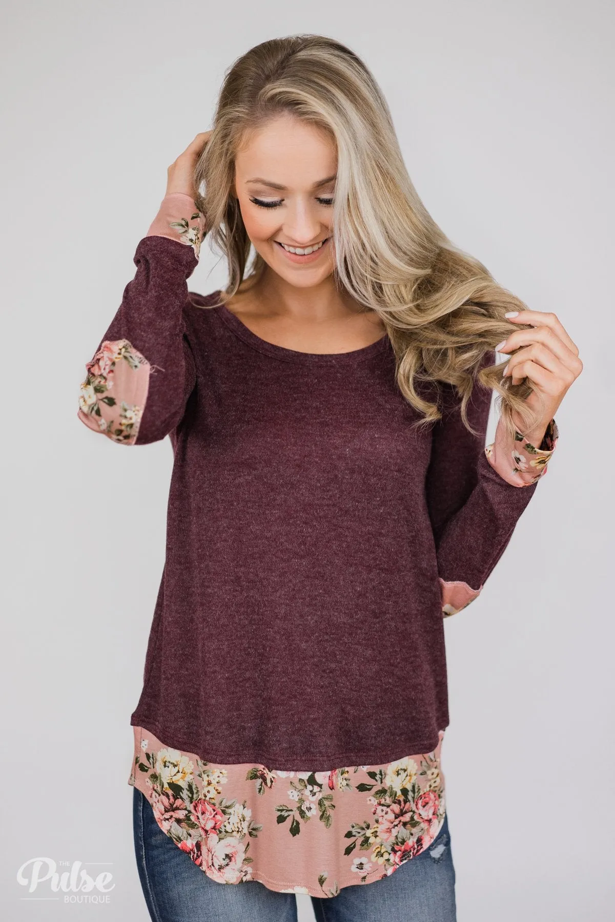 Floral Elbow Patch Top- Heathered Plum