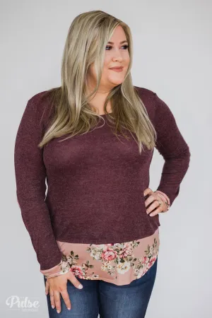 Floral Elbow Patch Top- Heathered Plum