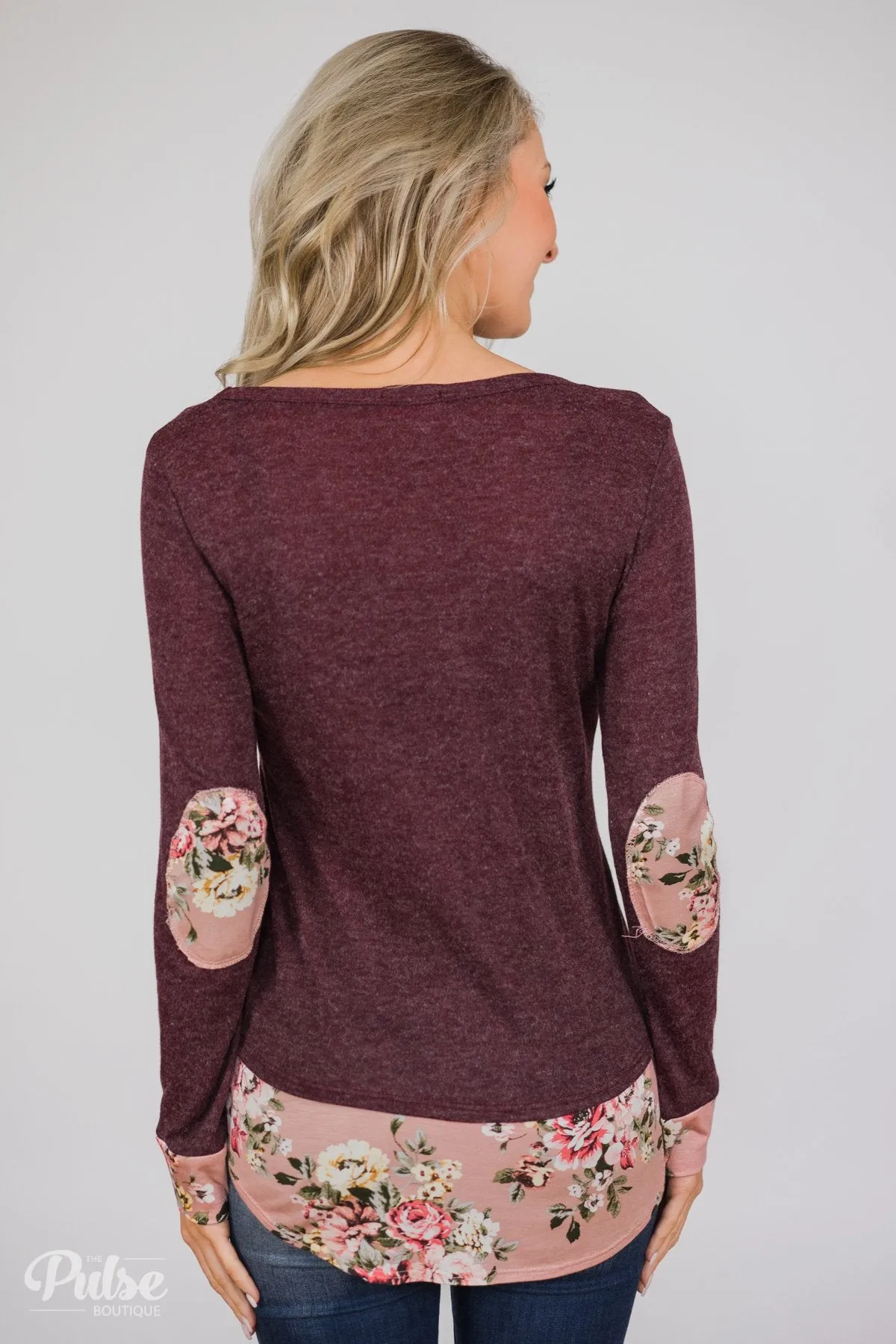 Floral Elbow Patch Top- Heathered Plum