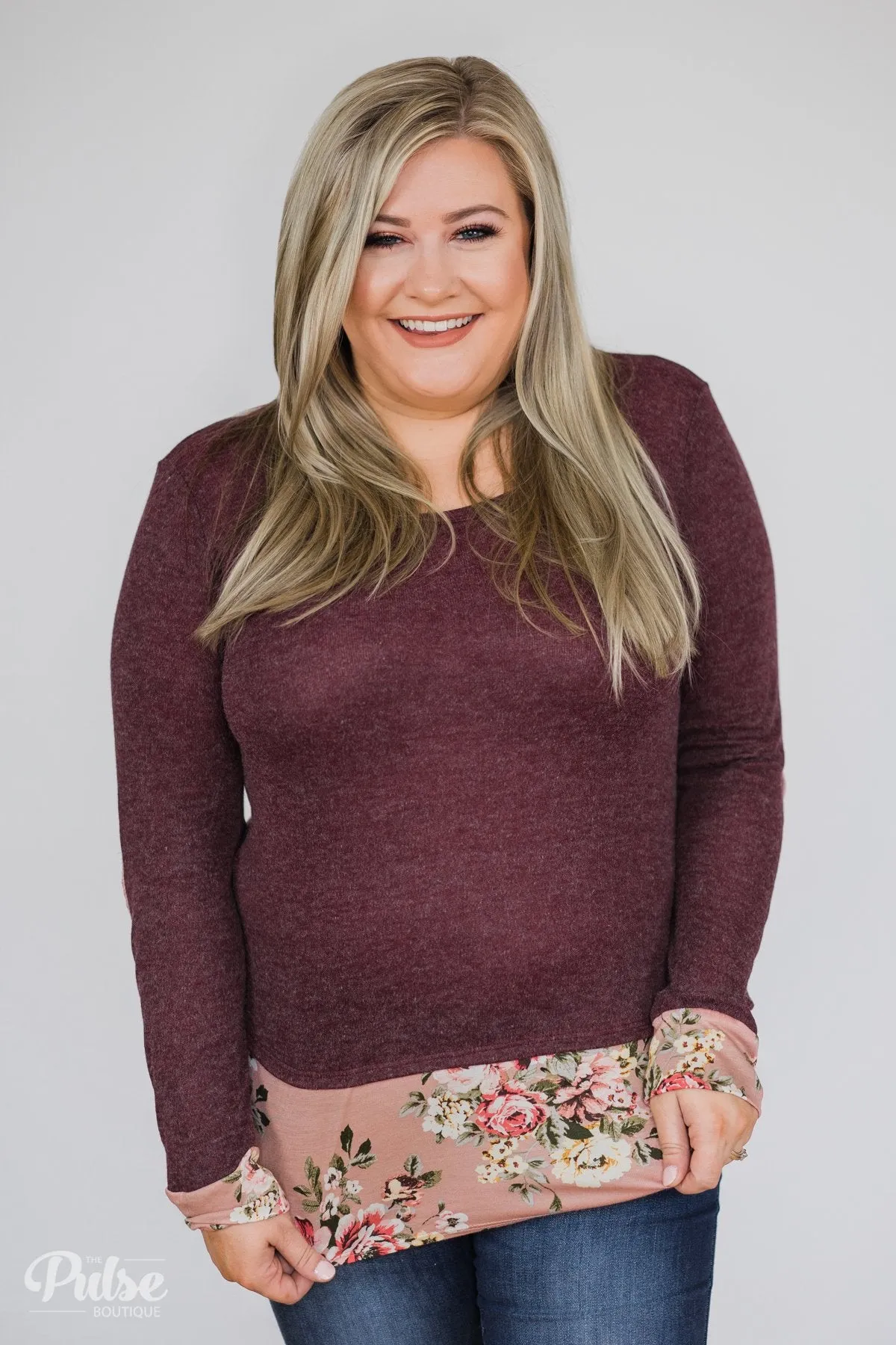 Floral Elbow Patch Top- Heathered Plum