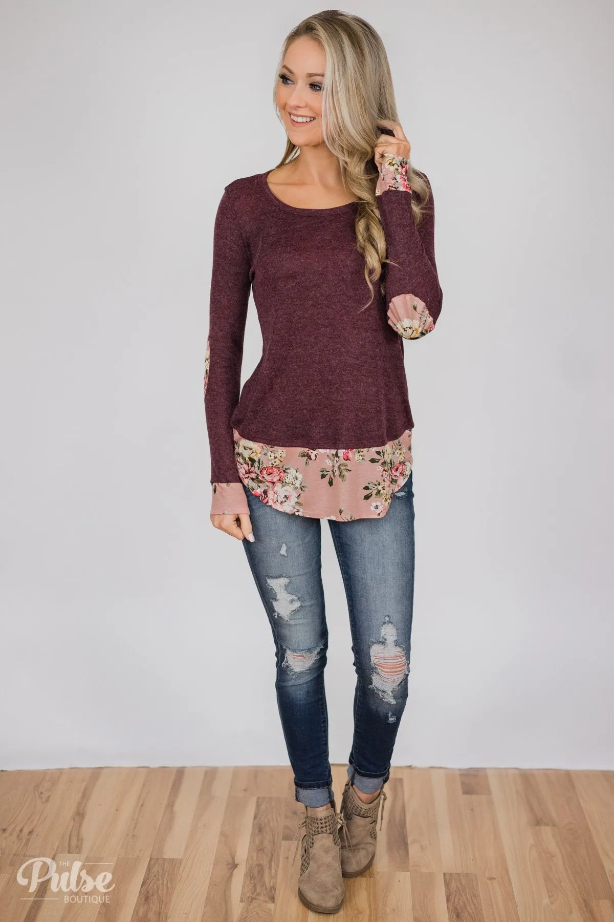 Floral Elbow Patch Top- Heathered Plum