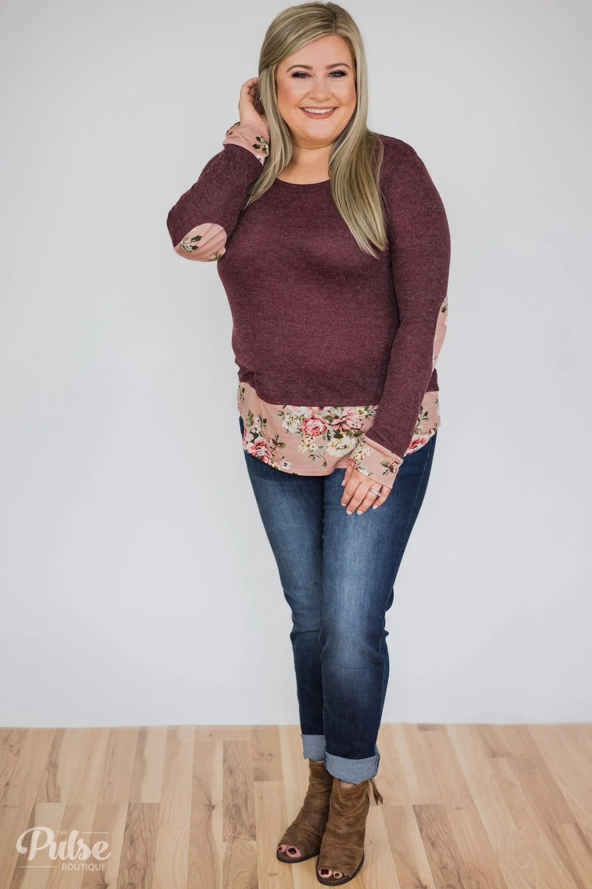 Floral Elbow Patch Top- Heathered Plum