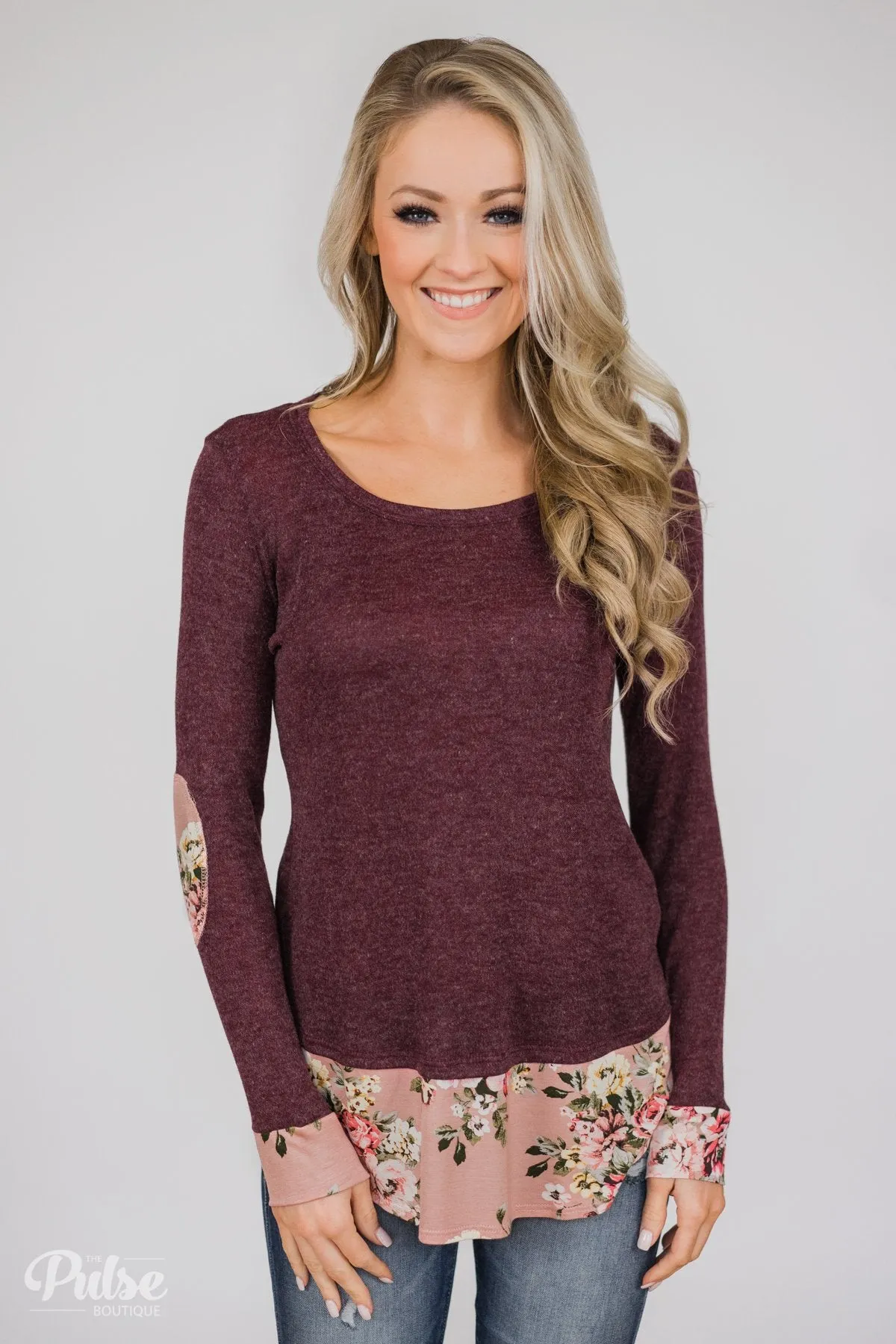 Floral Elbow Patch Top- Heathered Plum