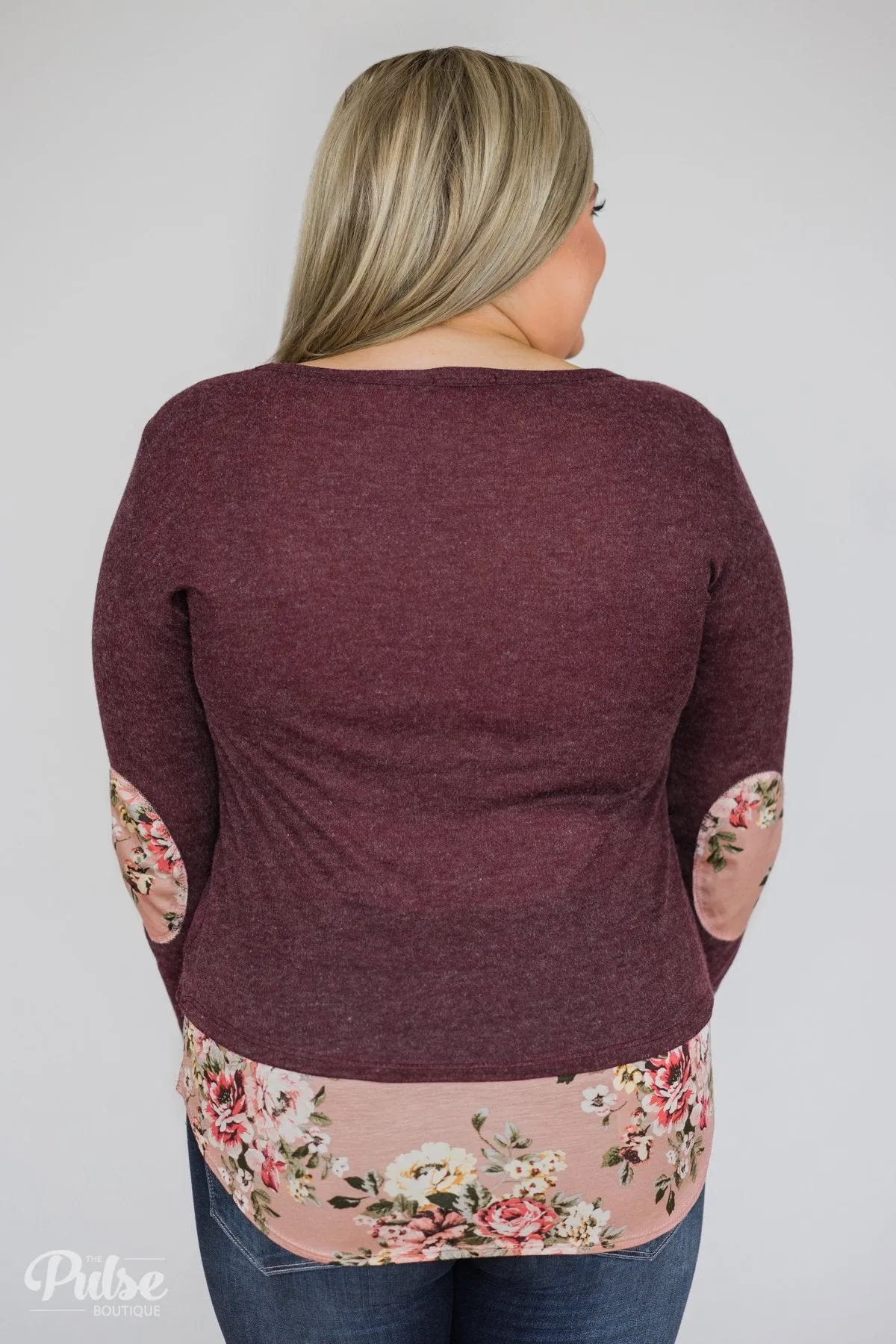 Floral Elbow Patch Top- Heathered Plum