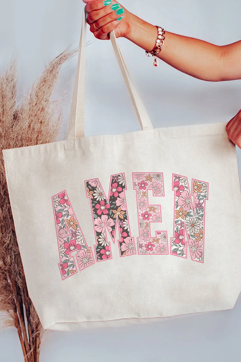 Floral Faux Embroidery Amen Canvas Jumbo Tote