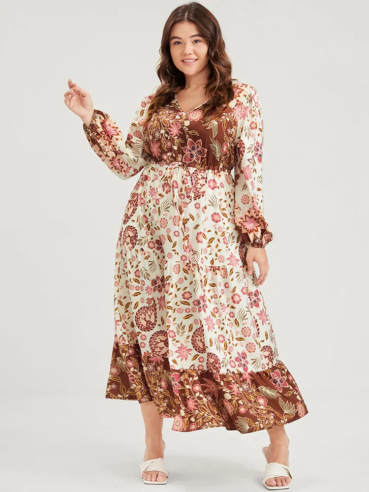 Floral Lantern Sleeve Pocket Split Tie Flutter Midi Dress