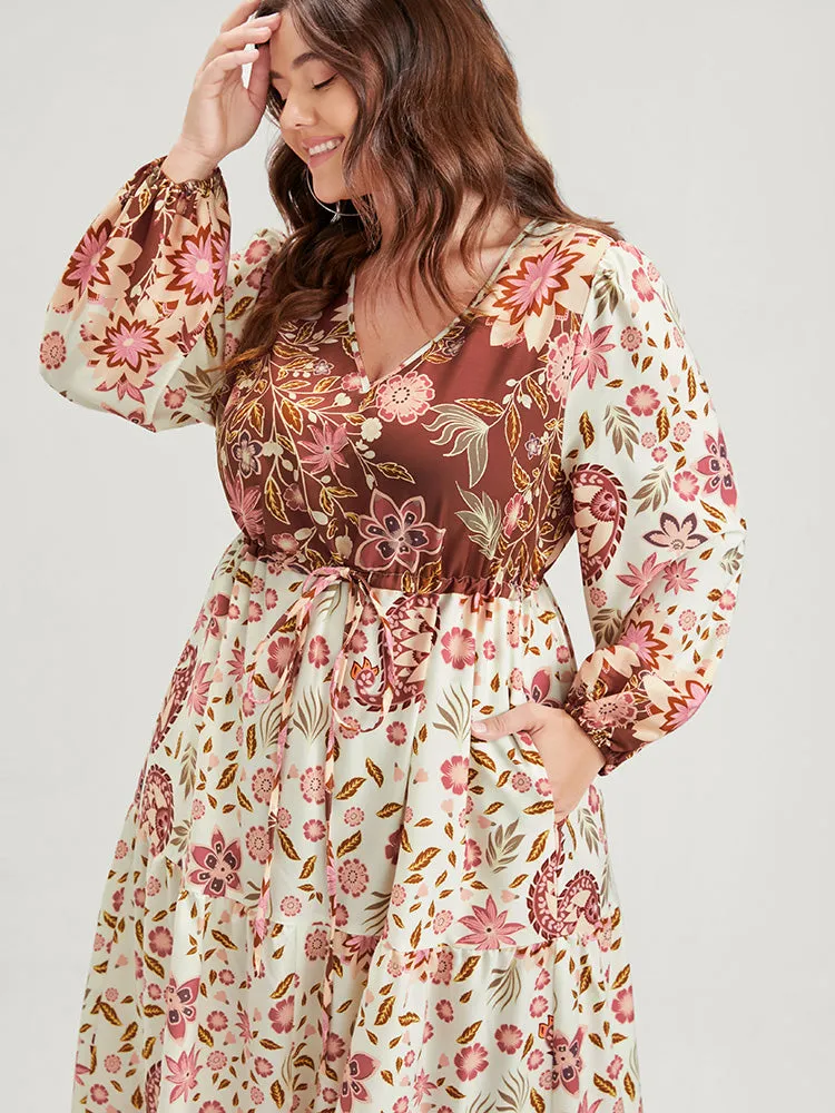 Floral Lantern Sleeve Pocket Split Tie Flutter Midi Dress