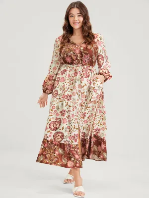 Floral Lantern Sleeve Pocket Split Tie Flutter Midi Dress