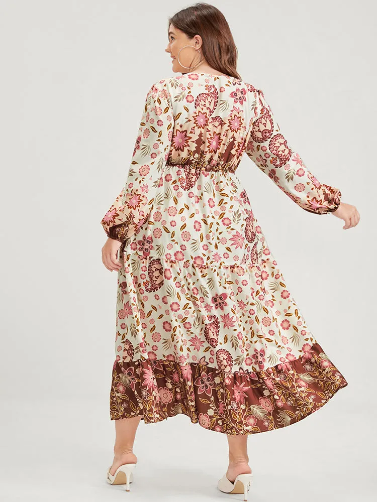 Floral Lantern Sleeve Pocket Split Tie Flutter Midi Dress
