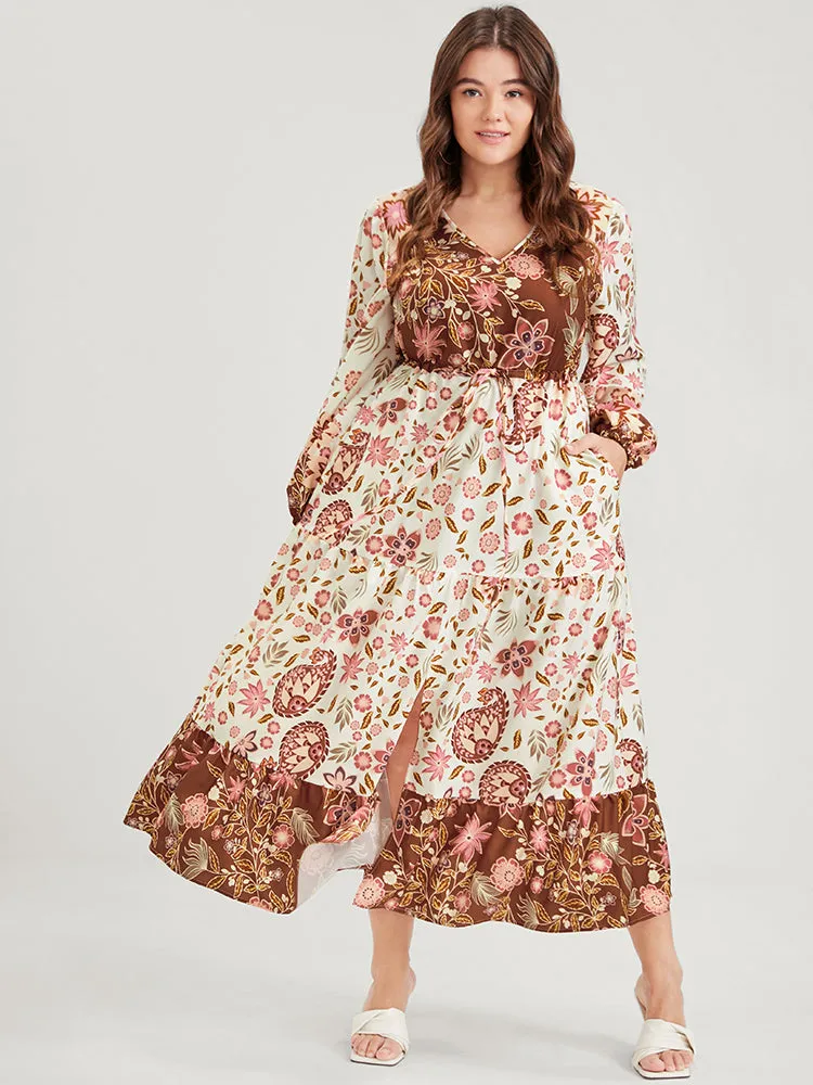 Floral Lantern Sleeve Pocket Split Tie Flutter Midi Dress