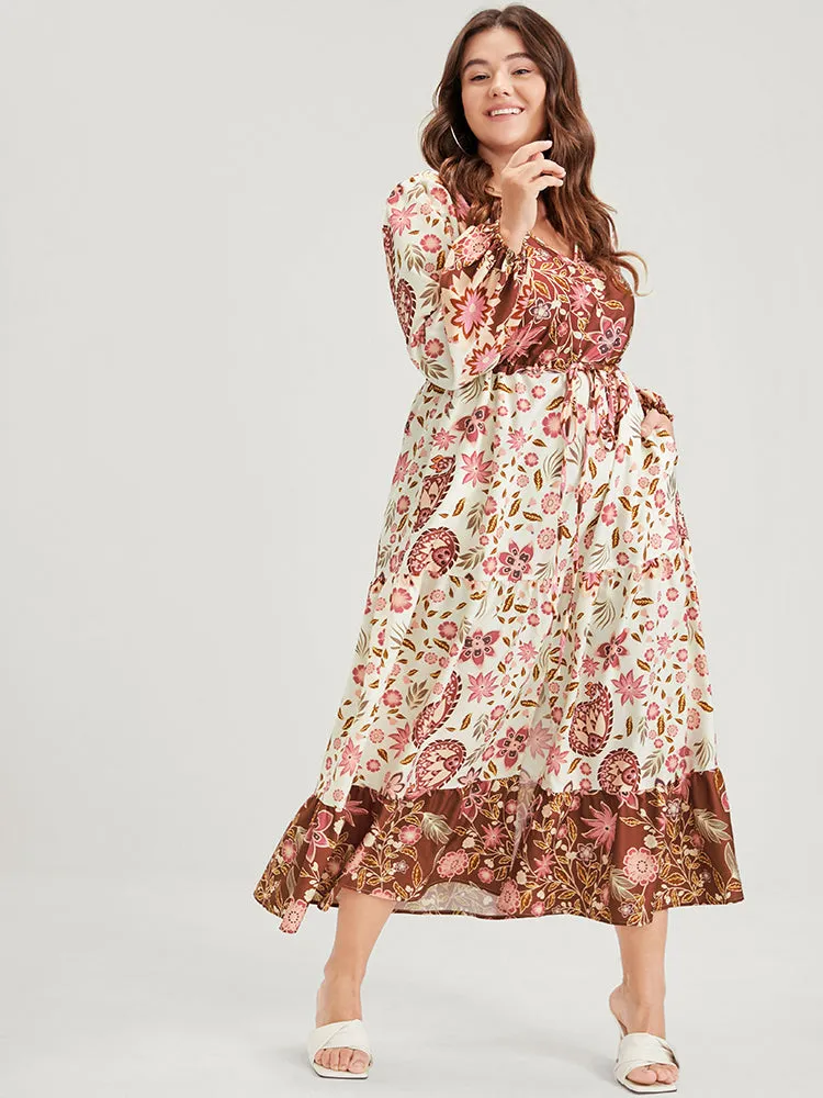 Floral Lantern Sleeve Pocket Split Tie Flutter Midi Dress