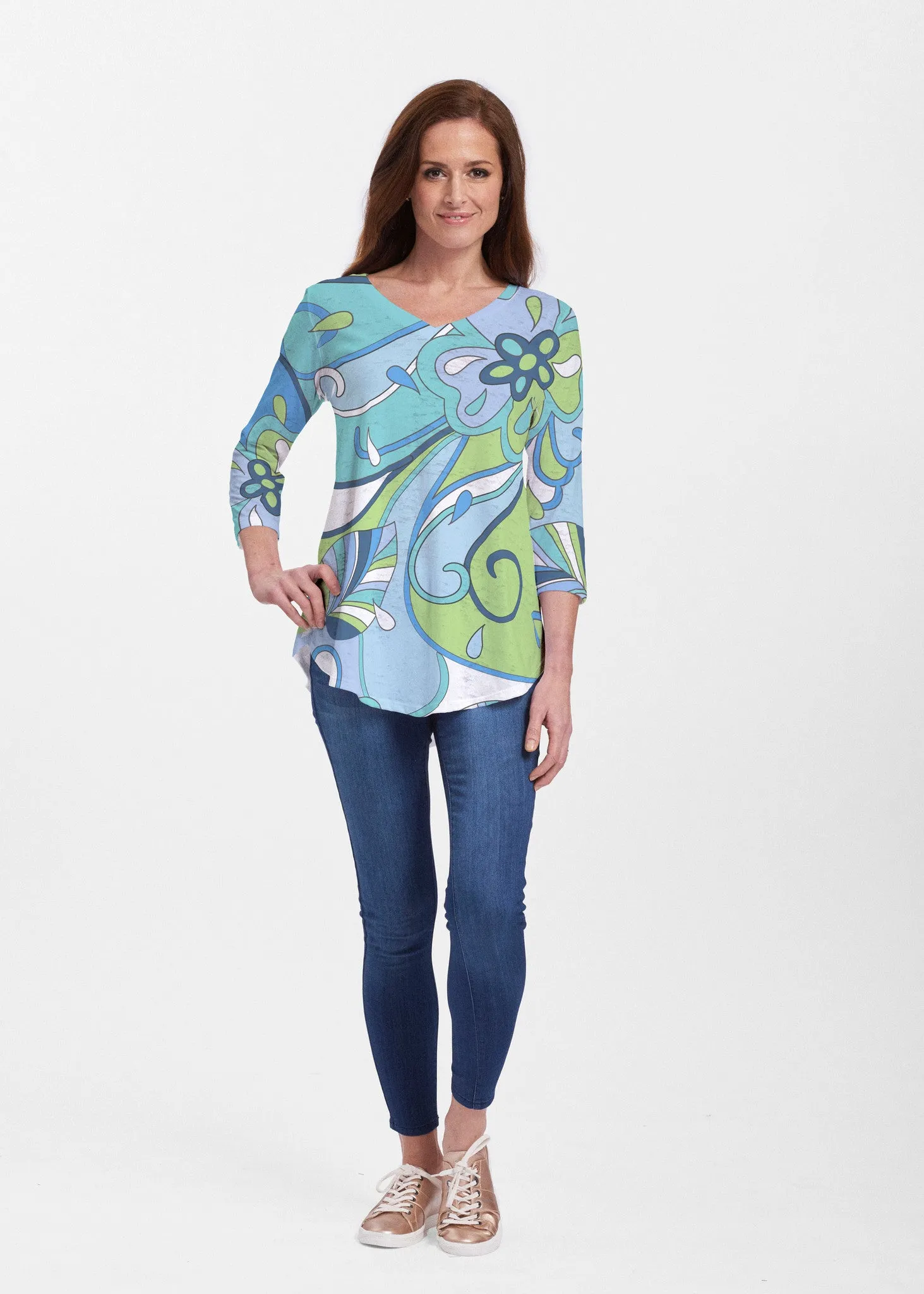 Floral Spritz Turquoise (22093) ~ Signature V-neck Flowy Tunic
