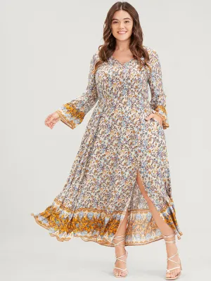Floral V Neck Bell Sleeve Split Pocket Ruffles Maxi Dress