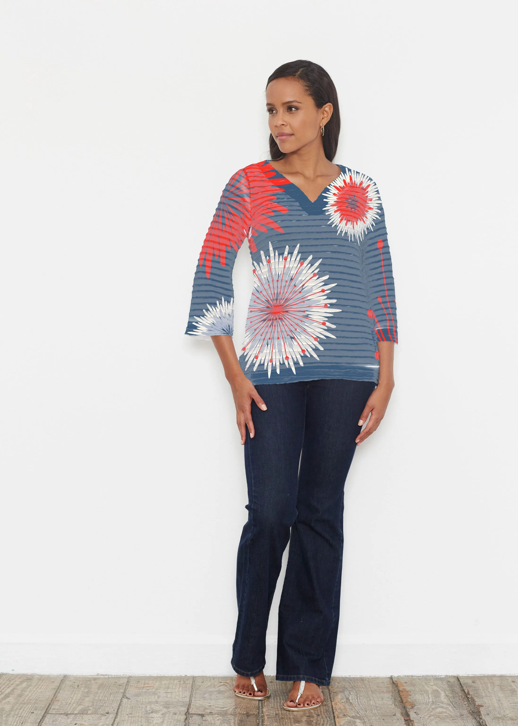 Flower Burst RWB (2027) ~ Banded 3/4 Bell-Sleeve V-Neck Tunic