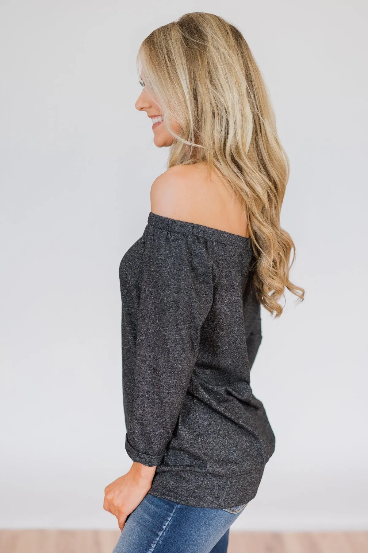Found My Soulmate Off the Shoulder Top- Charcoal