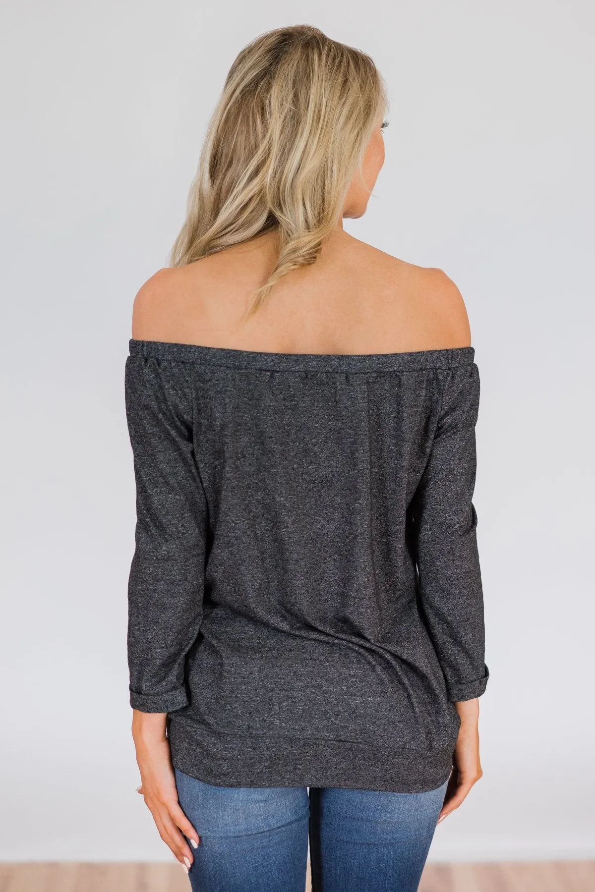 Found My Soulmate Off the Shoulder Top- Charcoal