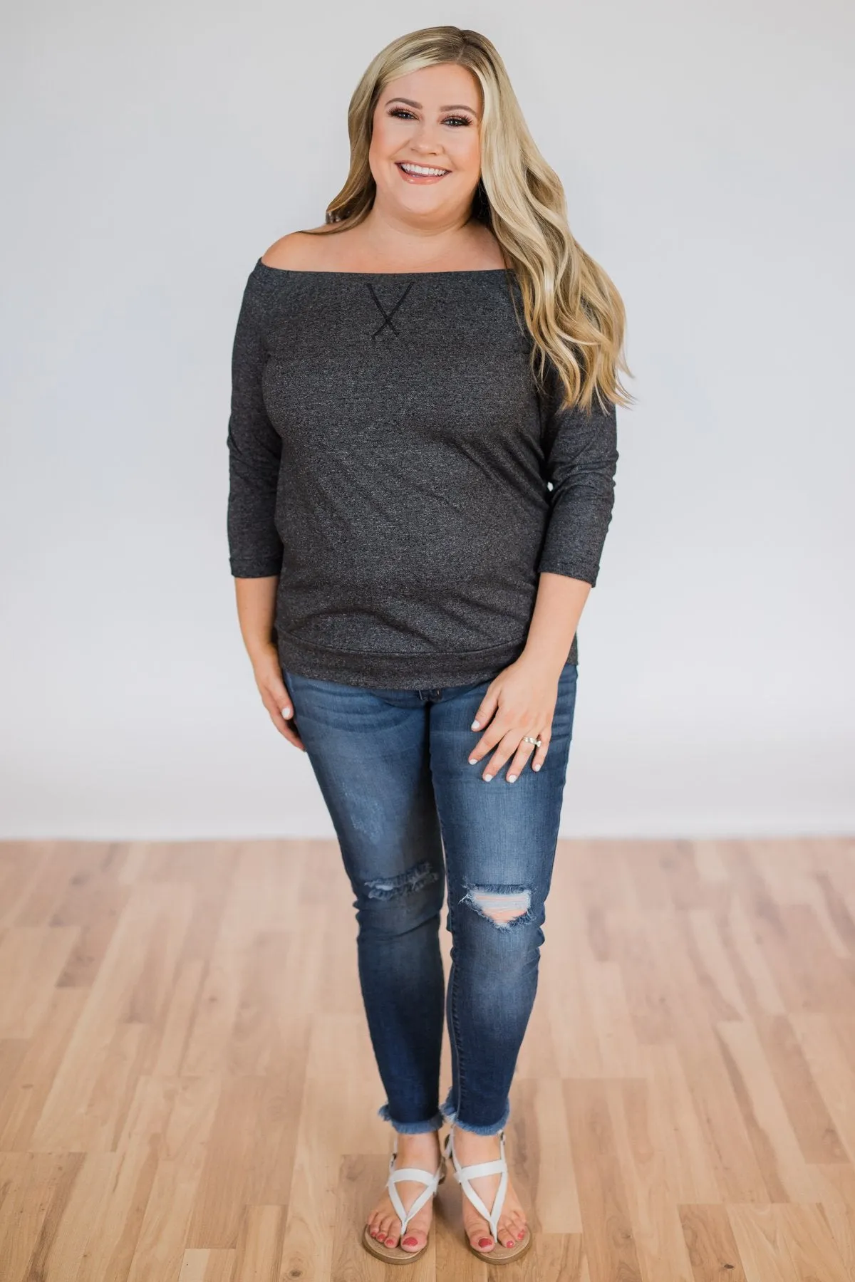 Found My Soulmate Off the Shoulder Top- Charcoal