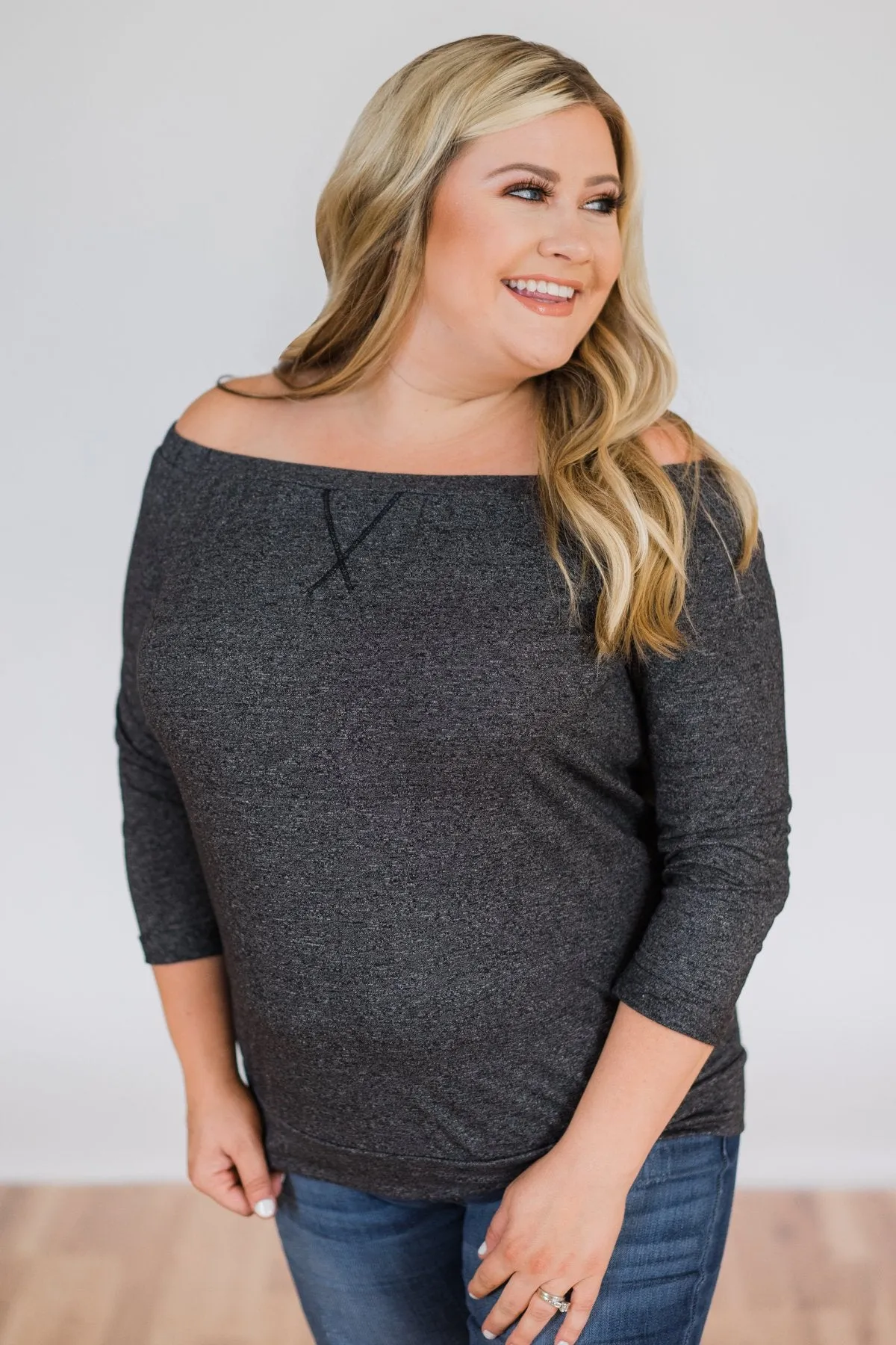 Found My Soulmate Off the Shoulder Top- Charcoal