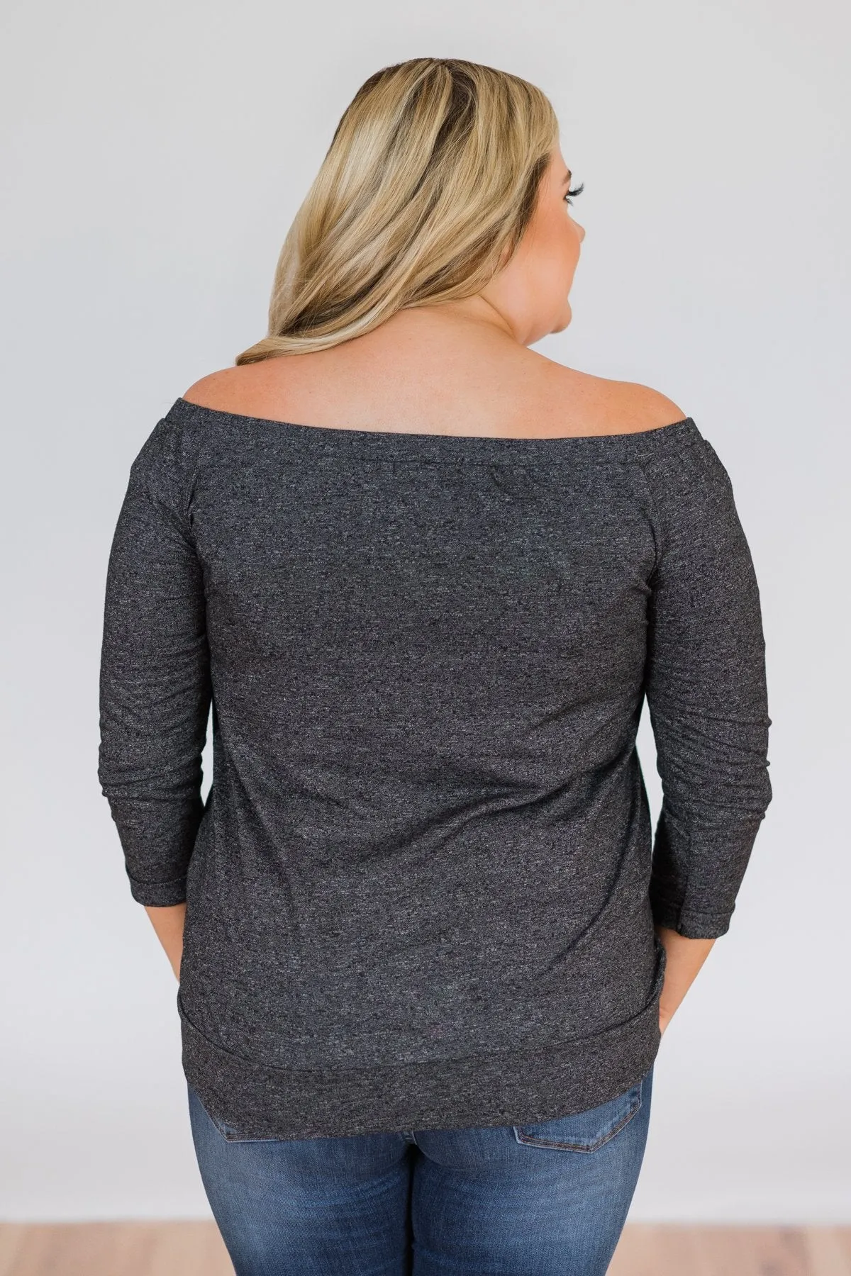 Found My Soulmate Off the Shoulder Top- Charcoal
