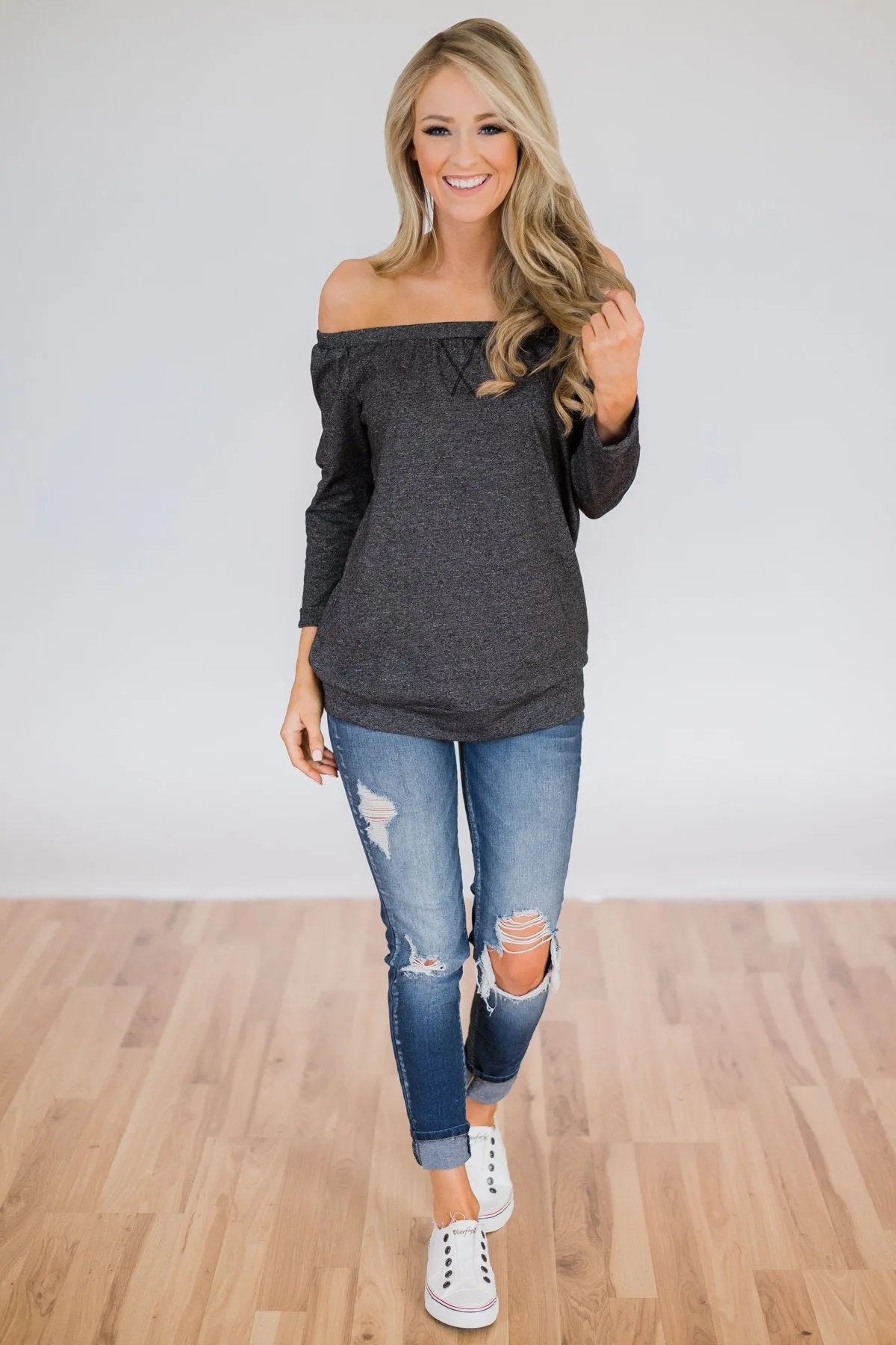 Found My Soulmate Off the Shoulder Top- Charcoal