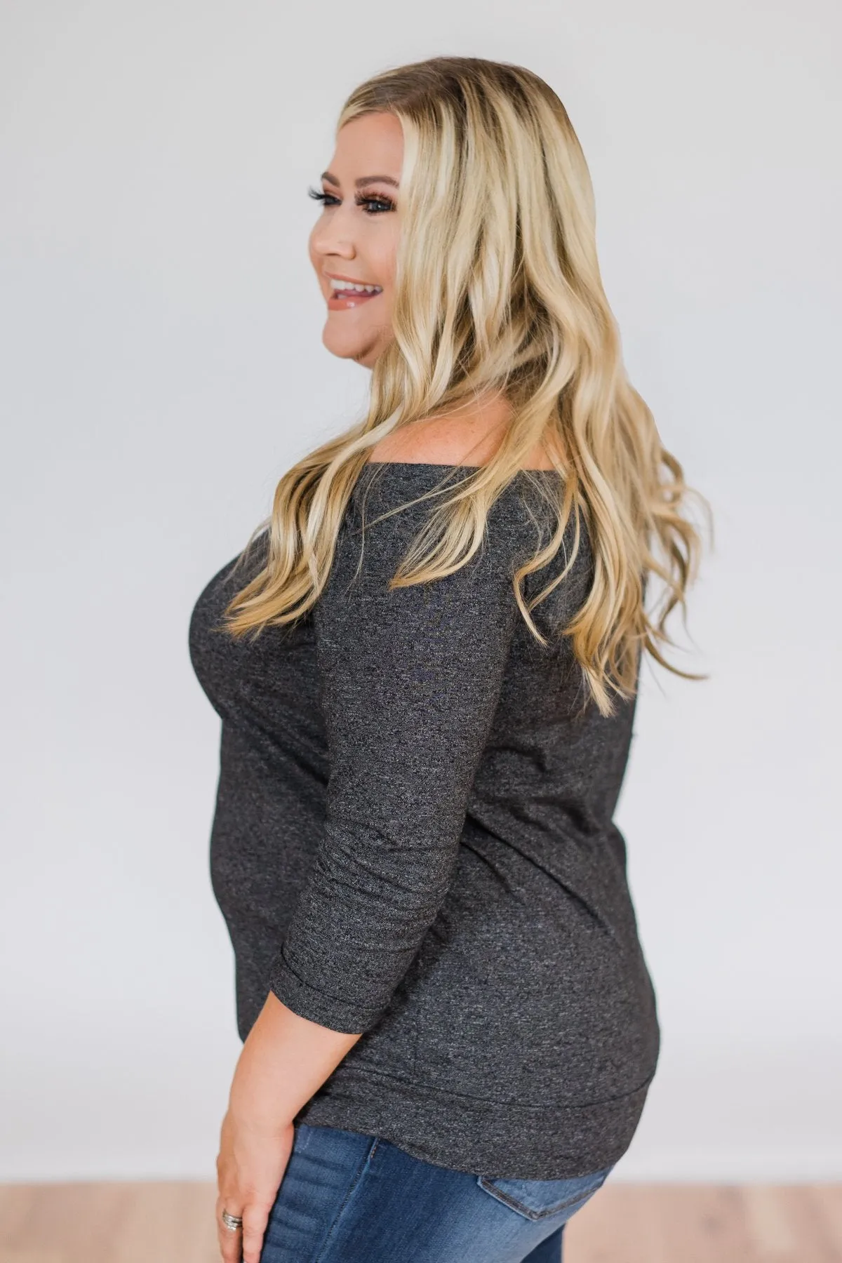Found My Soulmate Off the Shoulder Top- Charcoal