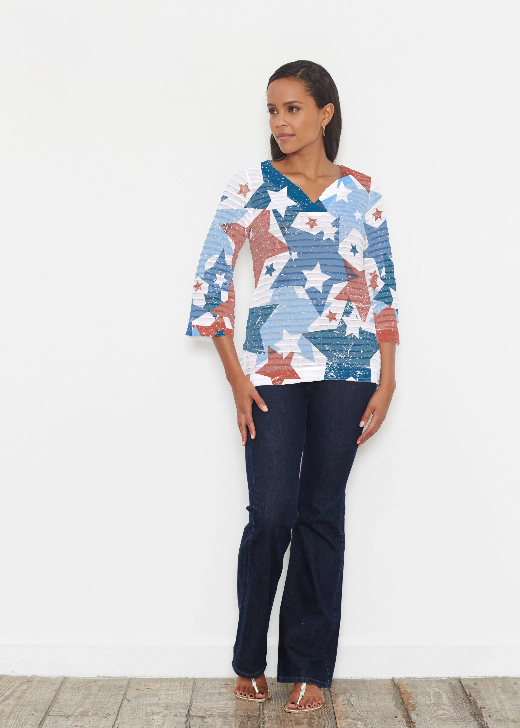 Freedom Starburst (13245) ~ Banded 3/4 Bell-Sleeve V-Neck Tunic