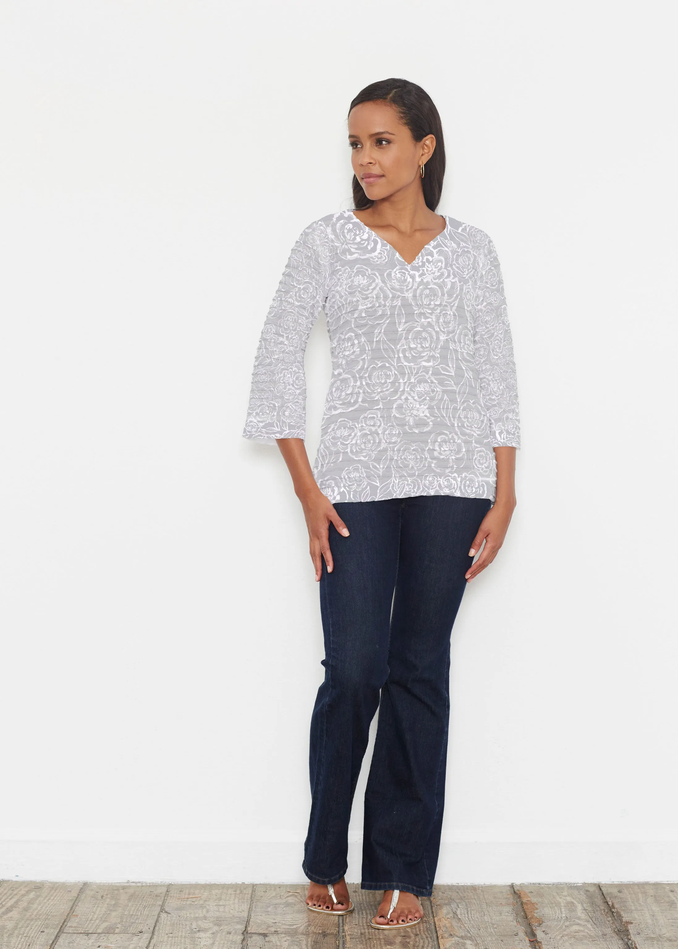 Freehand Floral Grey (7605) ~ Banded 3/4 Bell-Sleeve V-Neck Tunic