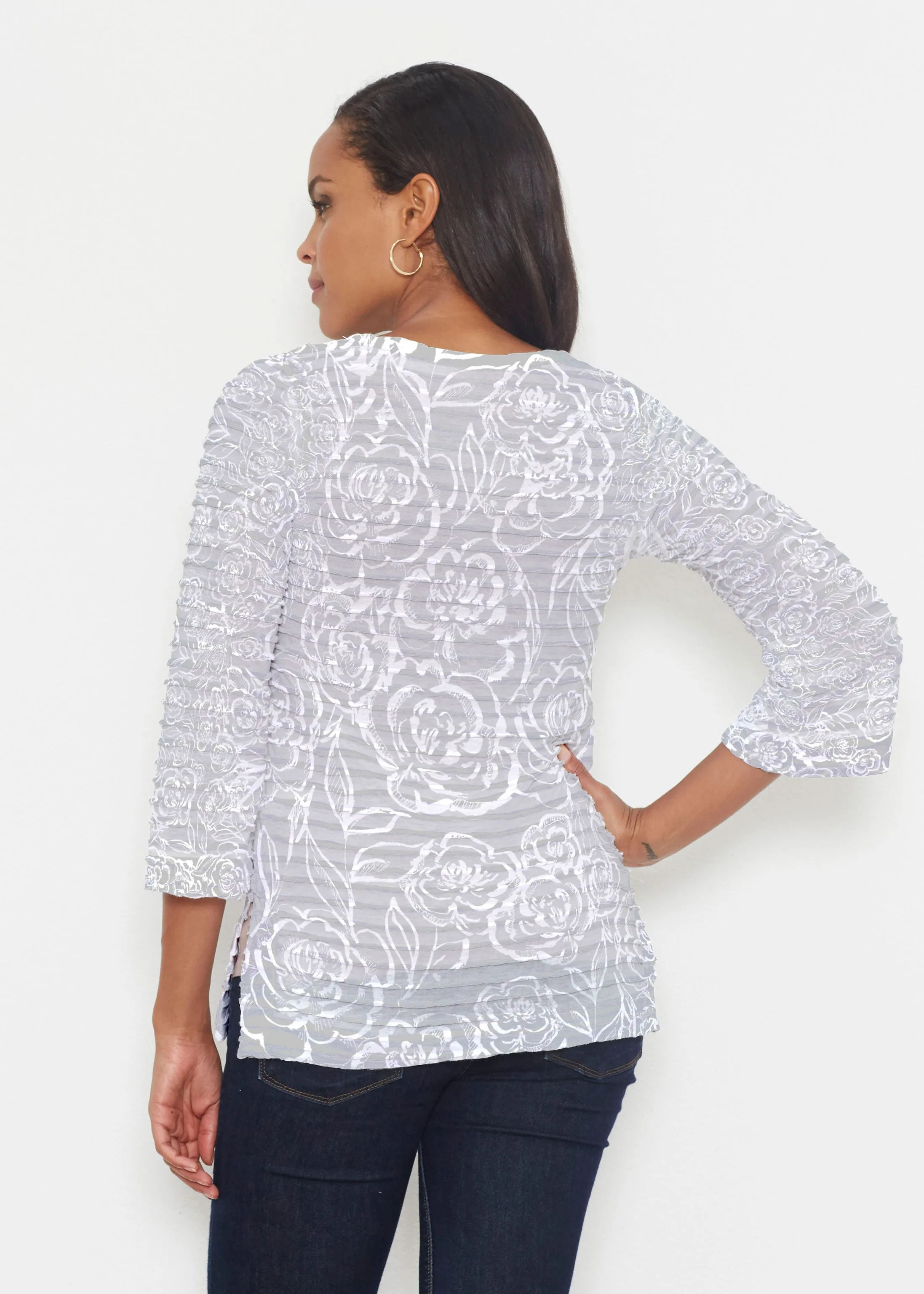 Freehand Floral Grey (7605) ~ Banded 3/4 Bell-Sleeve V-Neck Tunic