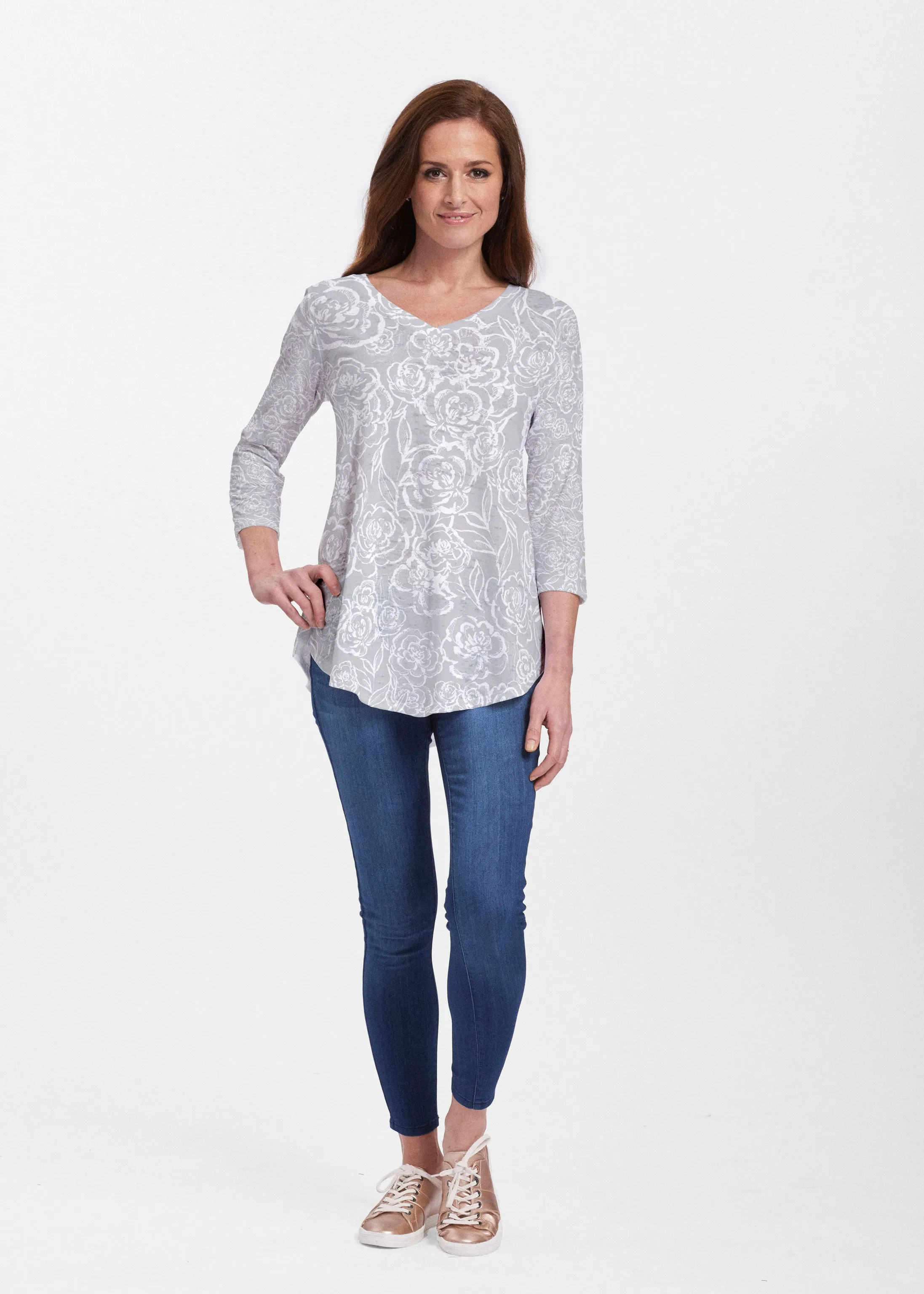 Freehand Floral Grey (7605) ~ Signature V-neck Flowy Tunic