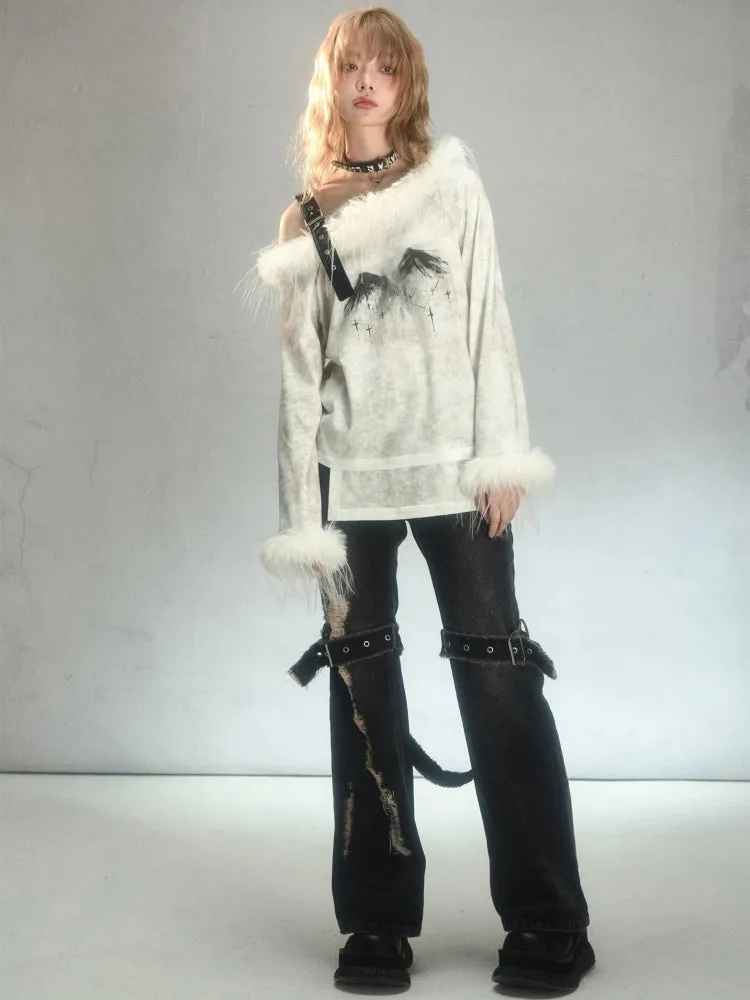 Fur Suspender Off-Shoulder Punk Tee