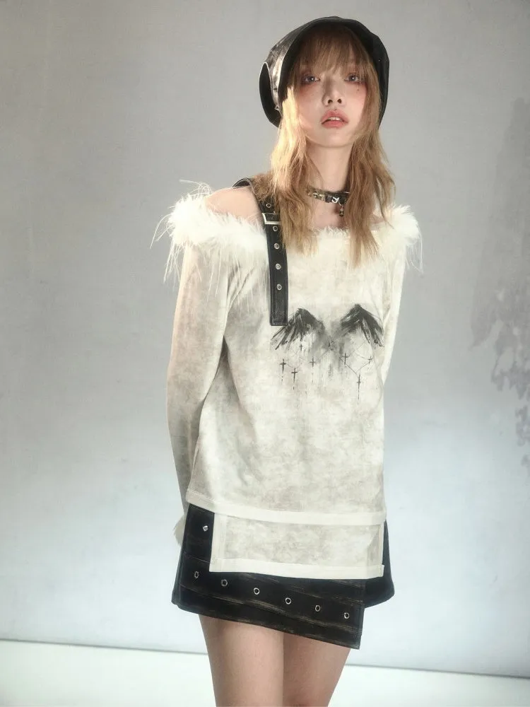 Fur Suspender Off-Shoulder Punk Tee