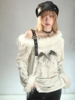 Fur Suspender Off-Shoulder Punk Tee