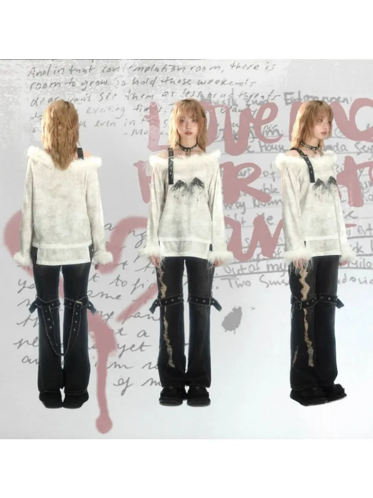 Fur Suspender Off-Shoulder Punk Tee
